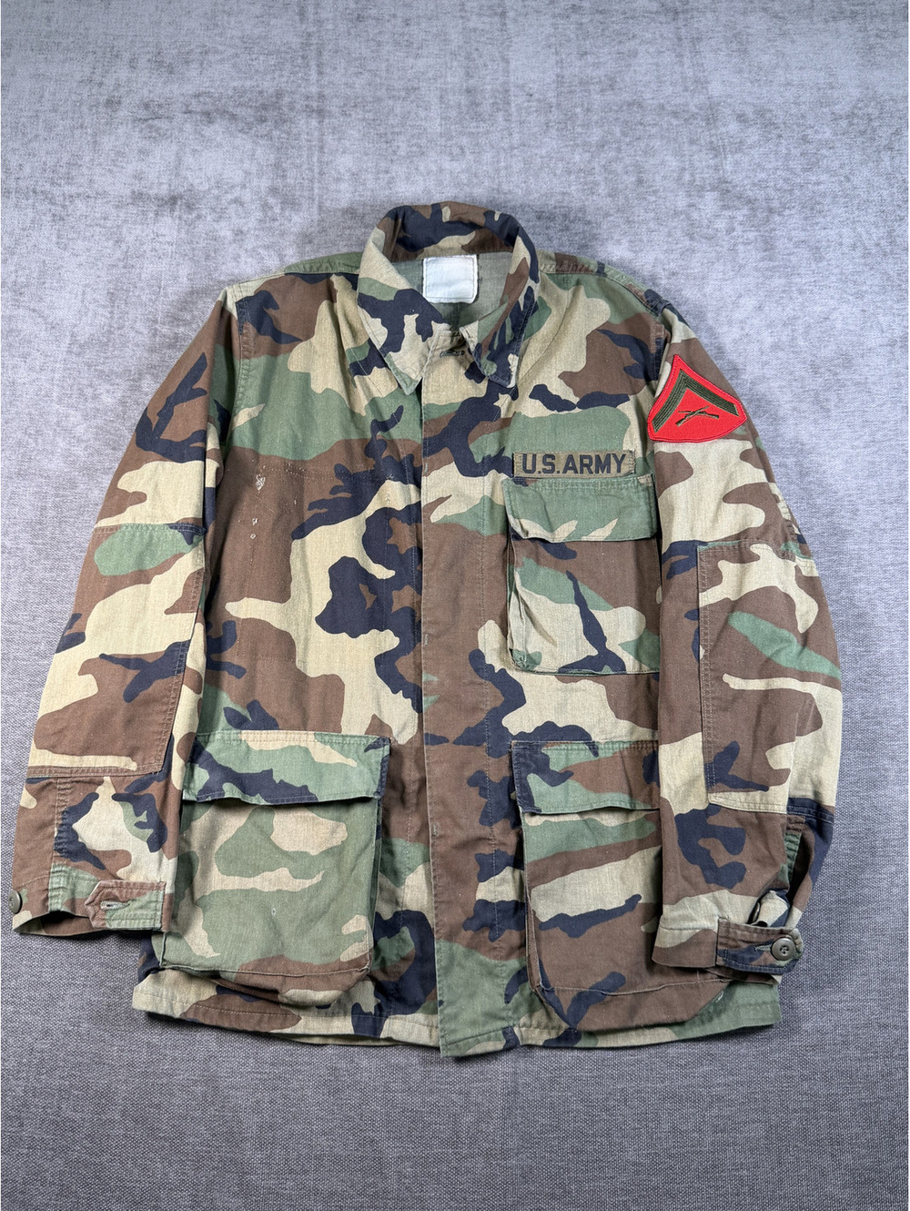 Vintage U.S. Army Camouflage Military Jacket with Red Patch